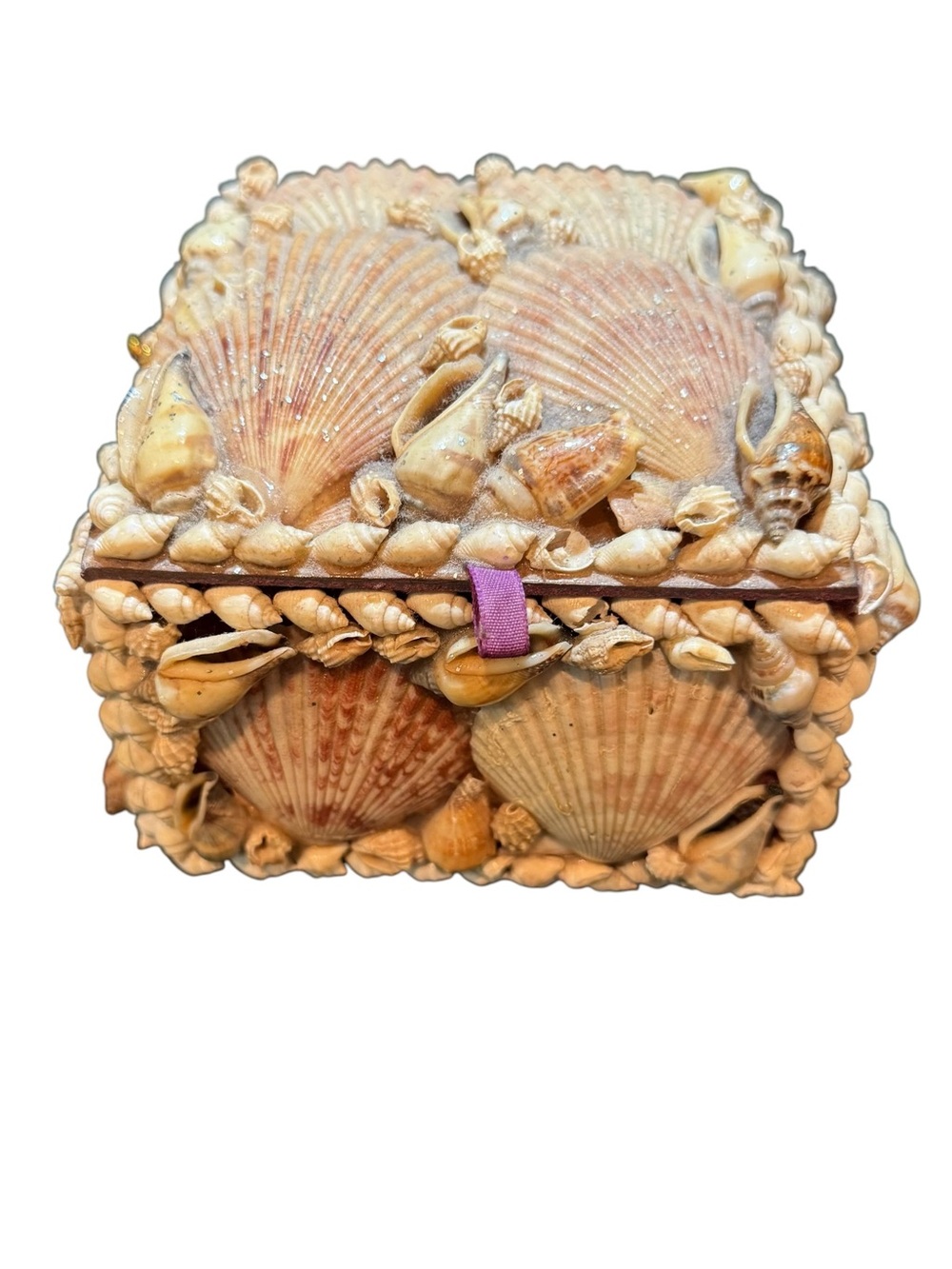 Vtg Seashell Encrusted Coastal Style Jewlery Or Trinket Box w/Hinged Lid